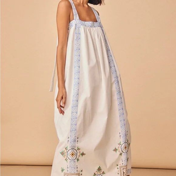 HUNTER BELL , Sailor Dress Smocked Maxi Resort Wear, Color Mosaic Embroidery sz2